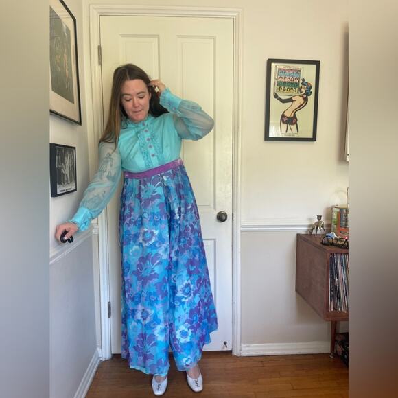 60s Vintage Chiffon Wide Leg Jumpsuit - Picture 3 of 8